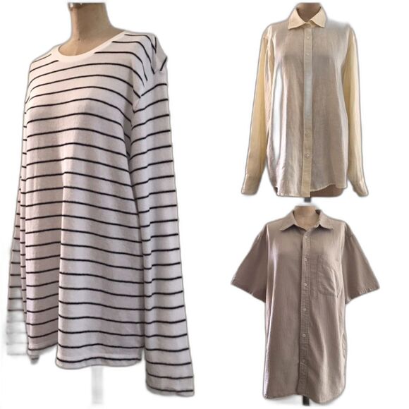 Madewell Club Monaco Bundle of 3 Neutral Striped Beige Tops Linen Cotton Large - Picture 1 of 16